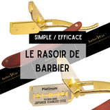 Rasoir homme Barber Cut coffret cadeau homme shavette coupe choux en acier inoxydable couleur Or et bois précieux kit barbe Avec Pack 5 doubles-lame rasoir professionnel