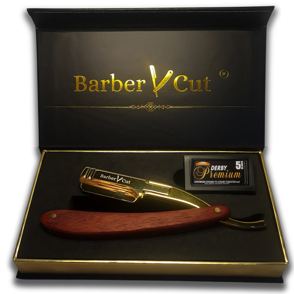 Rasoir homme Barber Cut coffret cadeau homme shavette coupe choux en acier inoxydable couleur Or et bois précieux kit barbe Avec Pack 5 doubles-lame rasoir professionnel